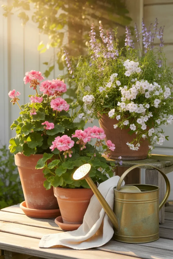 Container gardening flowers in terracotta pots with pink geraniums and purple salvia on wood patio