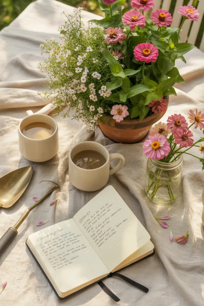 Container gardening flowers styled on patio table with zinnias and coffee