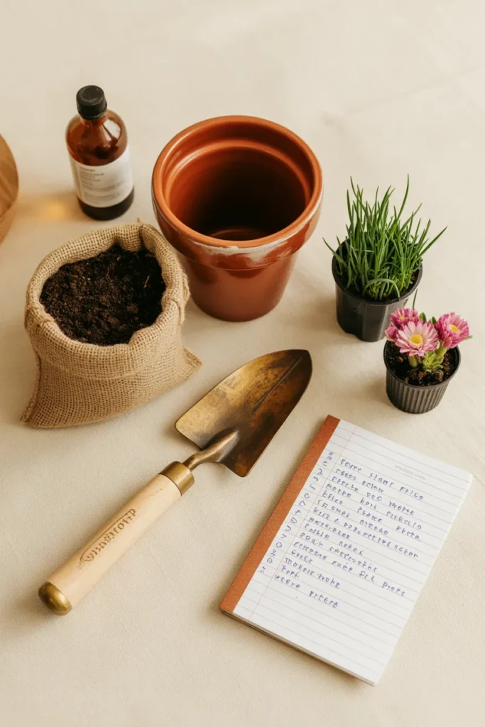 Container gardening flowers supplies flat lay with potting mix and fertilizer