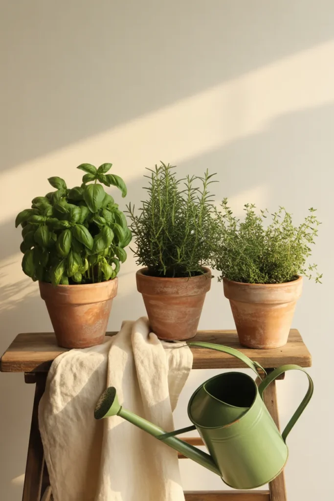 Container gardening herbs in terracotta pots with basil rosemary and thyme on patio bench