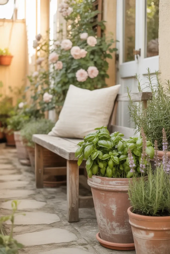 Cottage-style backyard with terracotta herb pots, stone path, and climbing roses for garden inspiration ideas