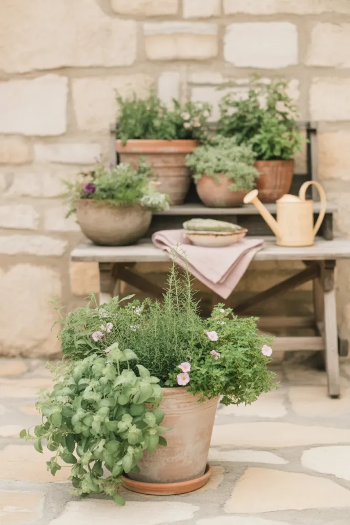 Cottagecore patio container gardening with terracotta pots, herbs, and trailing flowers on wooden steps