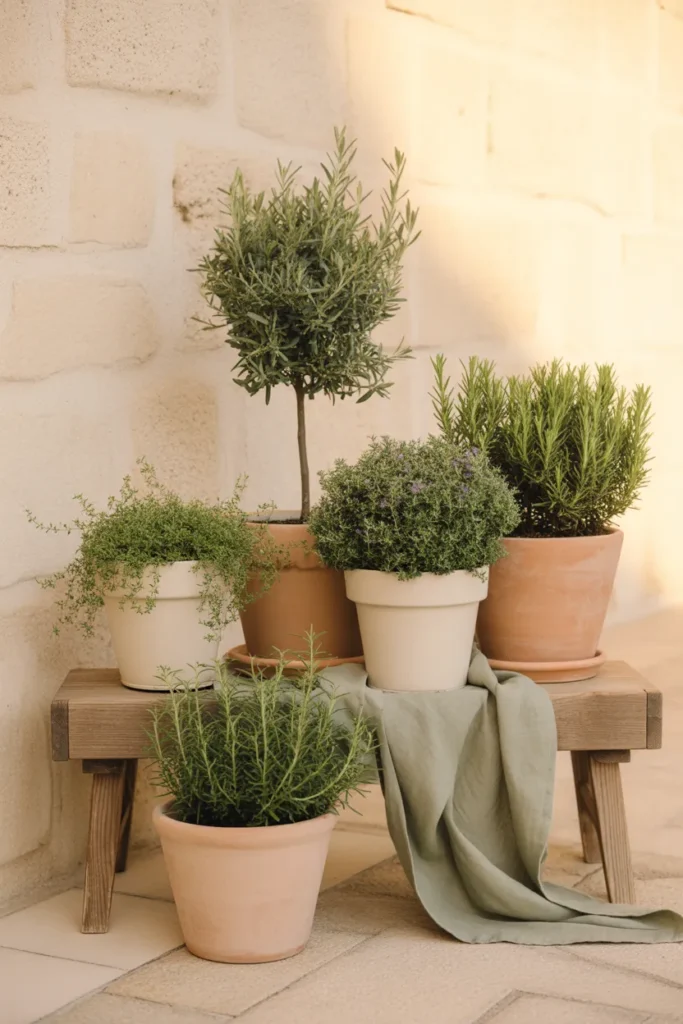 Cottagecore patio with grouped terracotta and cream pots of olive, lavender, rosemary, and thyme on a wooden stand