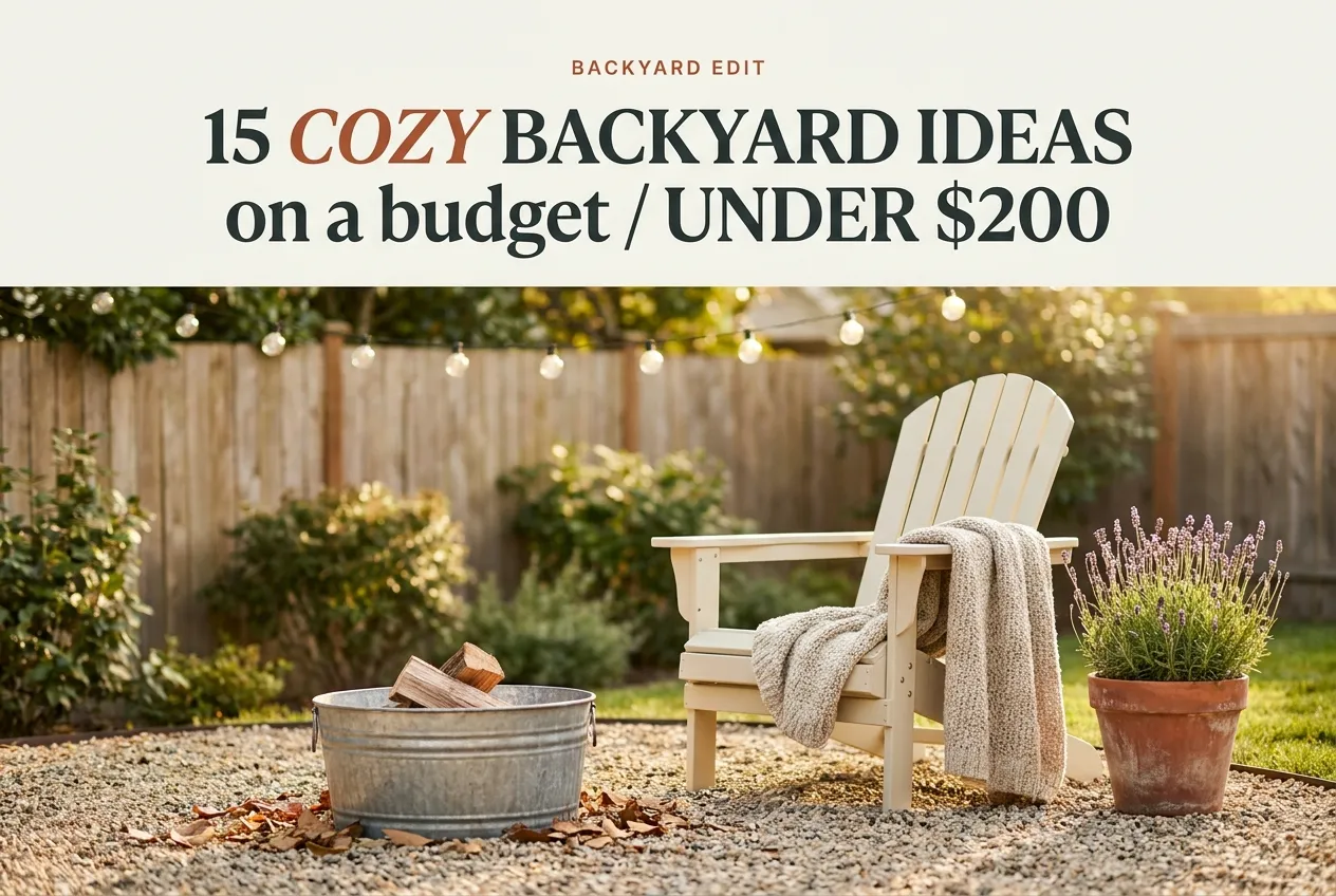 Cozy backyard ideas on a budget under $200 Pinterest pin with Adirondack chair, fire pit, and warm string lights.