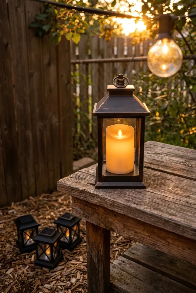 Cozy backyard lighting ideas with faux lantern and solar lanterns clustered at golden hour.