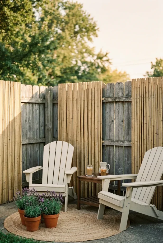 Cozy backyard privacy corner with bamboo screen, cream Adirondack chairs, and lavender pots at golden hour.