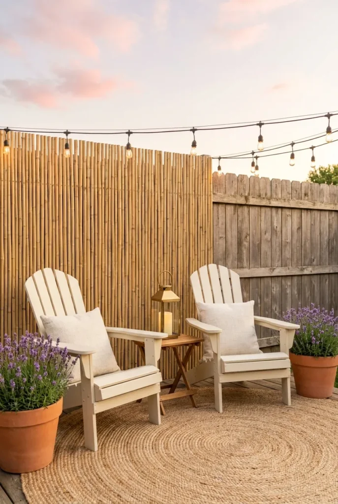 Cozy backyard privacy setup with bamboo screen, Adirondack chairs, lavender, and brass lantern at golden hour.