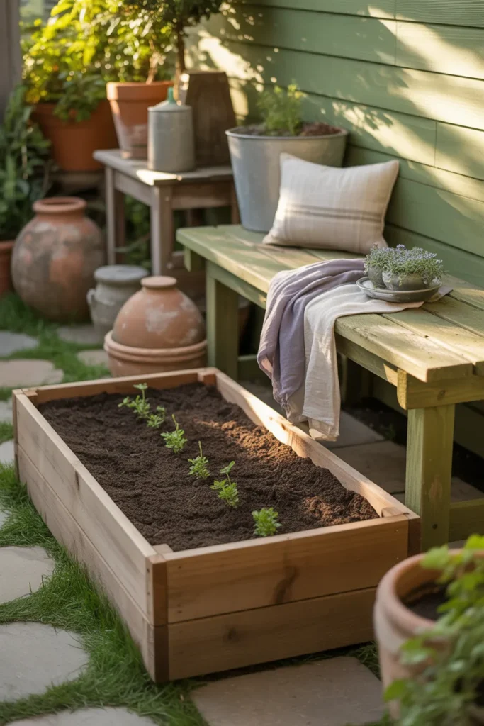 Cozy backyard with a freshly filled wooden raised garden bed ready for planting