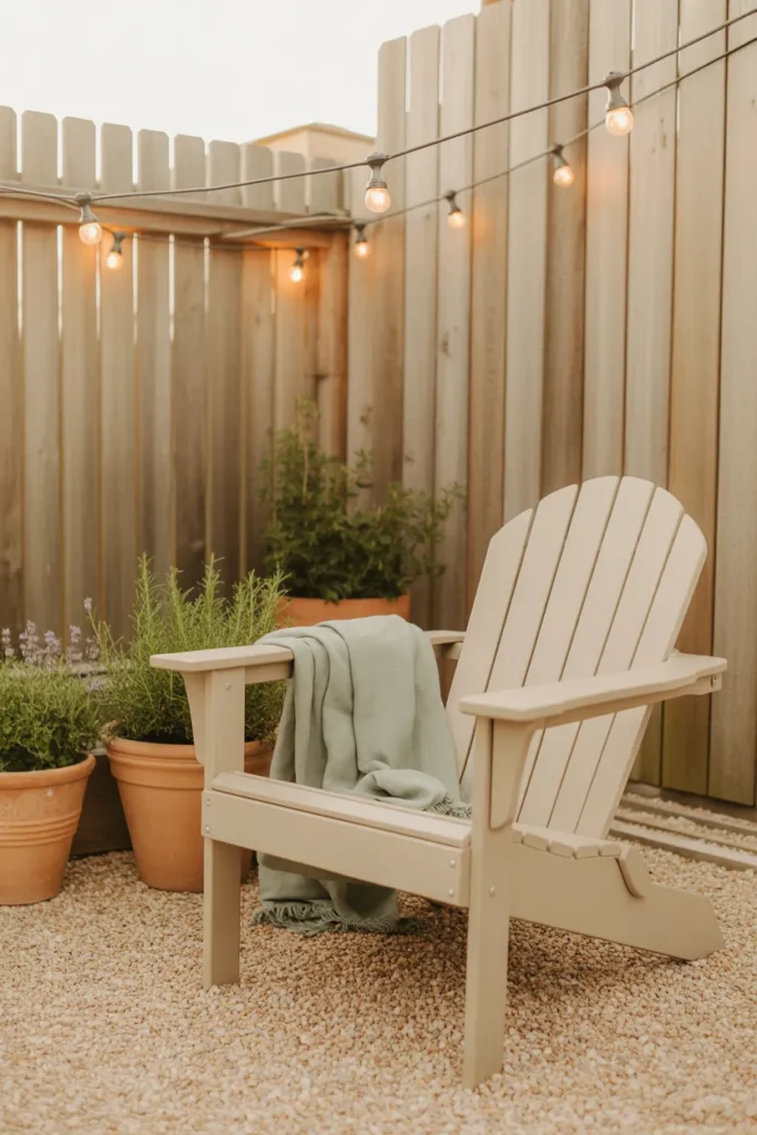 Cozy budget backyard makeover with pea gravel patio, cream Adirondack chair, and warm string lights.