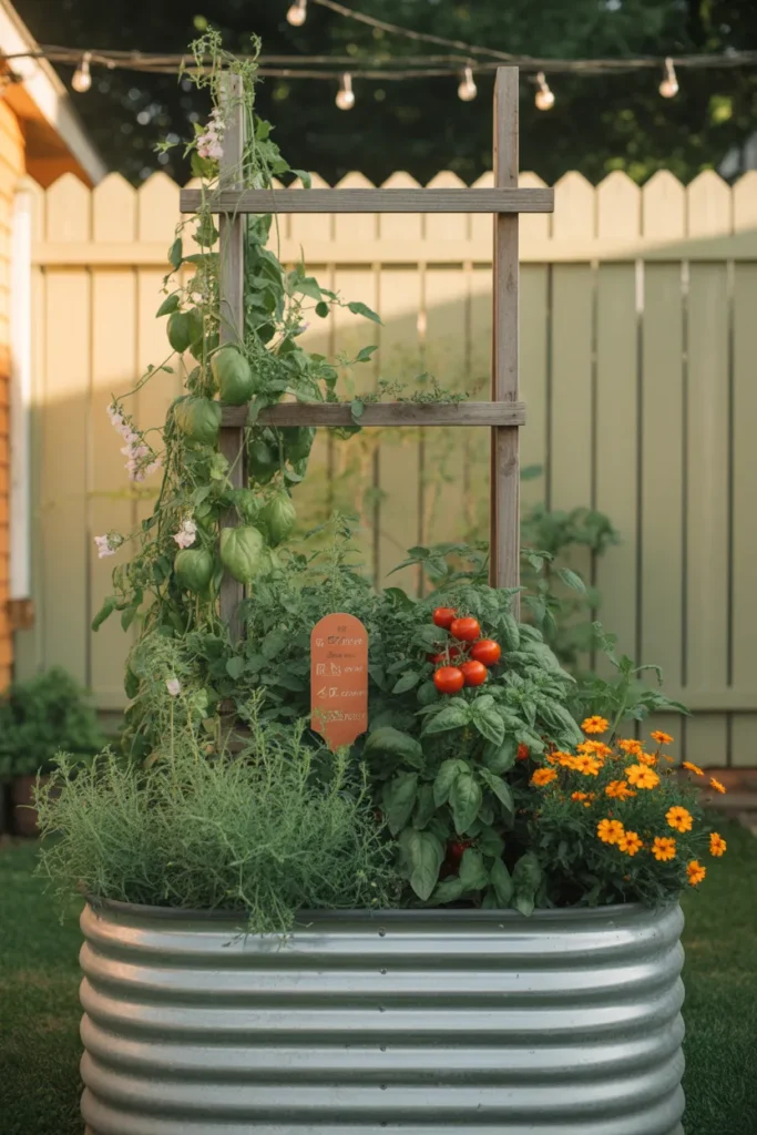 Cozy galvanized metal raised garden bed with tomatoes and string lights in a warm backyard