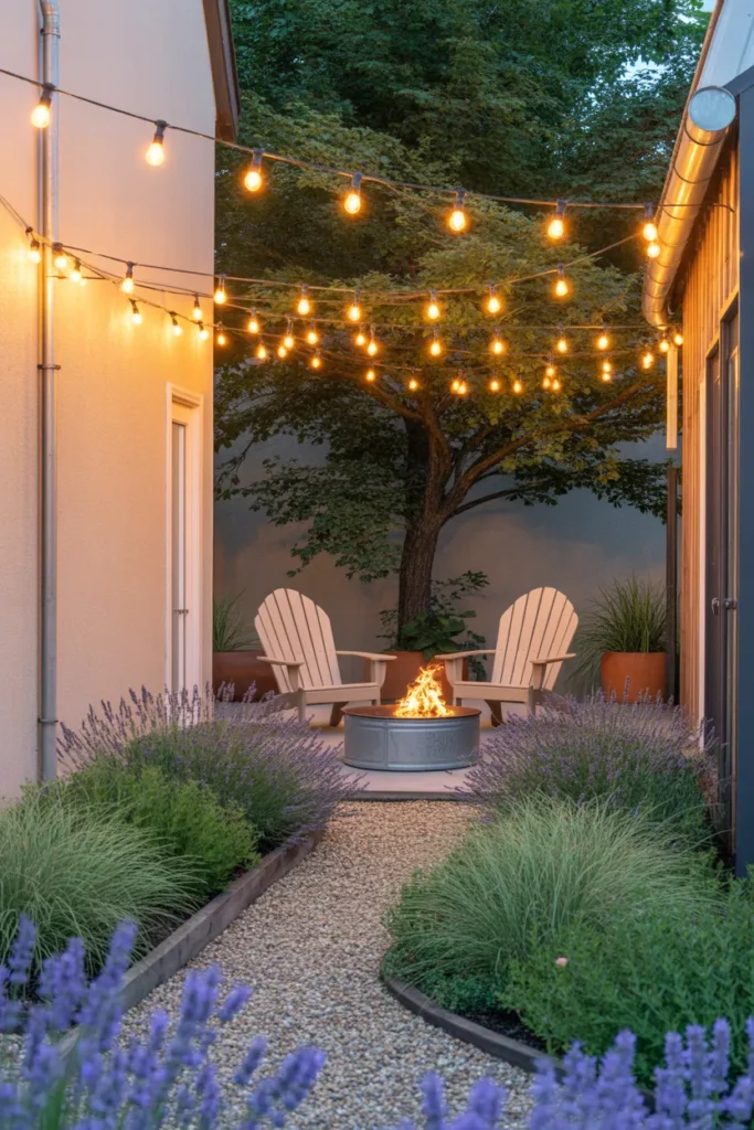 Cozy narrow backyard at dusk with string lights, gravel path, fire pit, and pergola.