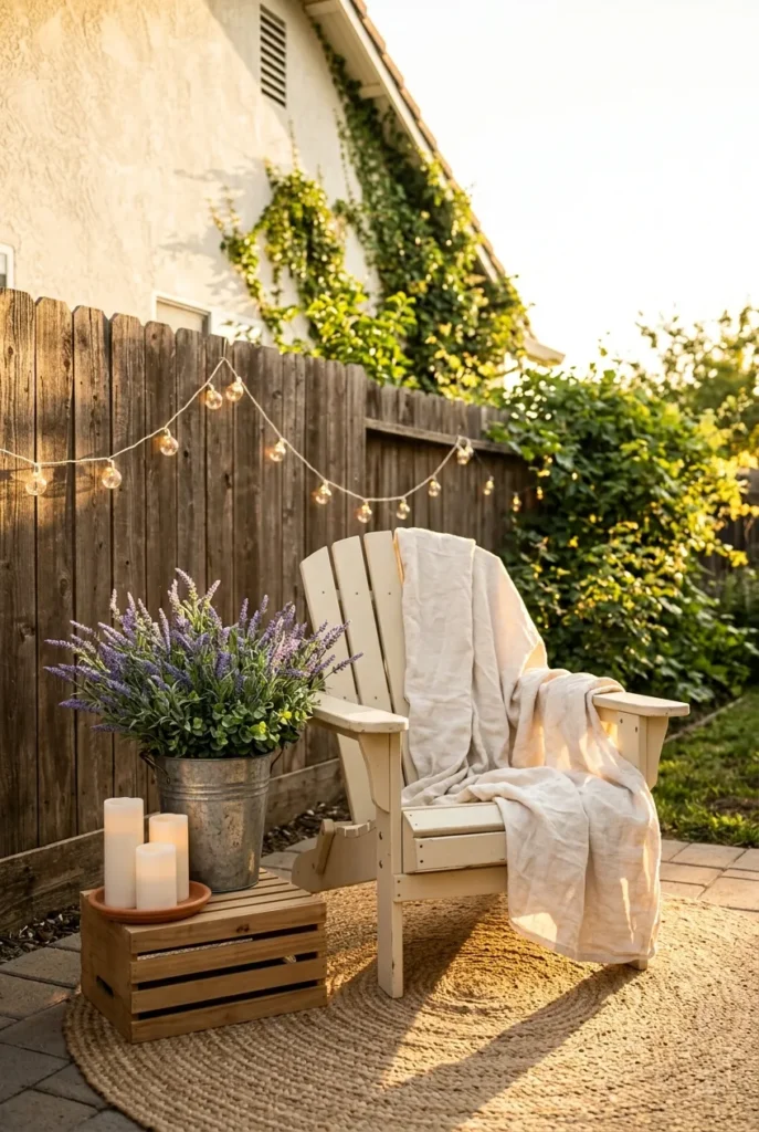 Cozy small patio styled with Dollar Tree backyard decor, galvanized planter, string lights, and cream chair.