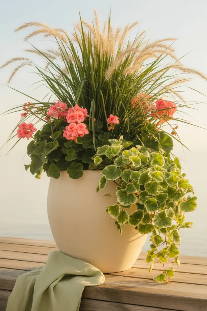 Cream ceramic planter with thriller filler spiller arrangement of grass, geraniums, and trailing sweet potato vine