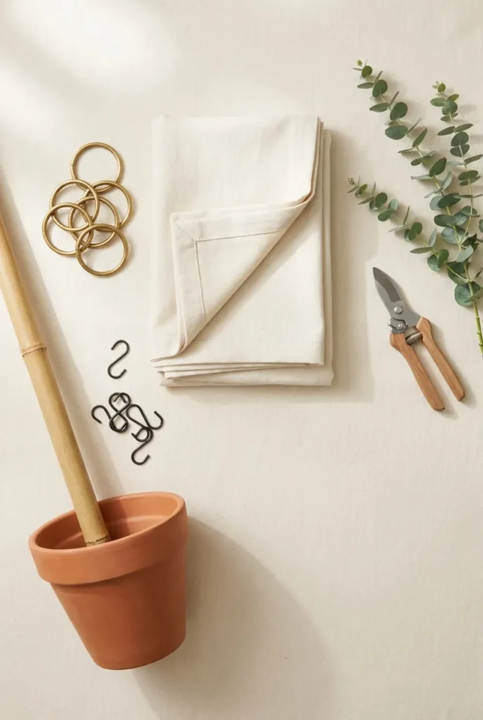 Cream outdoor curtain panels, brass rings, and terracotta planter for DIY backyard privacy.