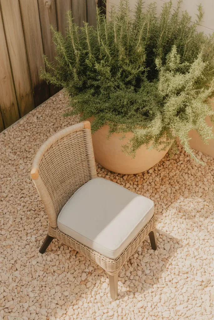 Cream pea gravel patio with bistro chair and rosemary terracotta pot for small backyard.