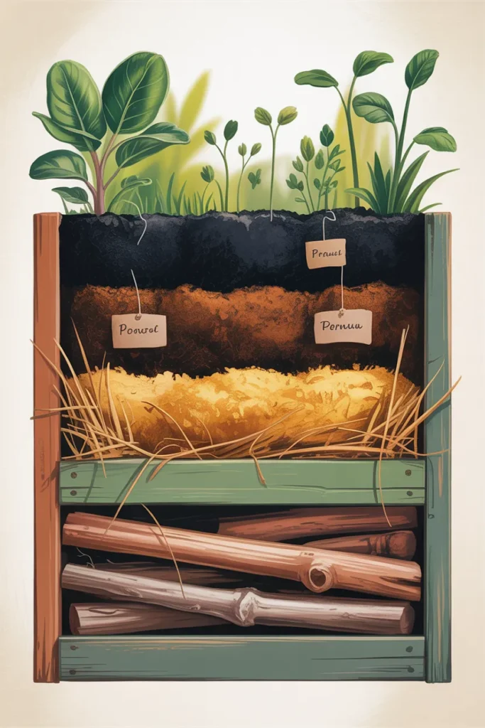 Cross-section of a raised garden bed showing four fill layers from logs to topsoil