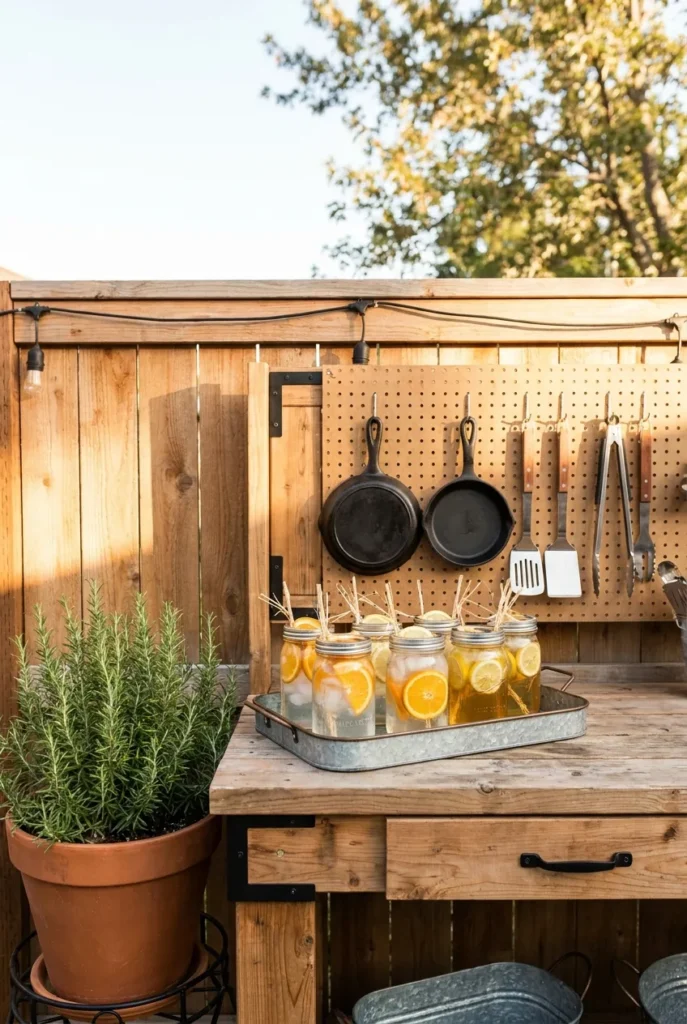 DIY backyard patio bar from a potting bench with grill tools on pegboard