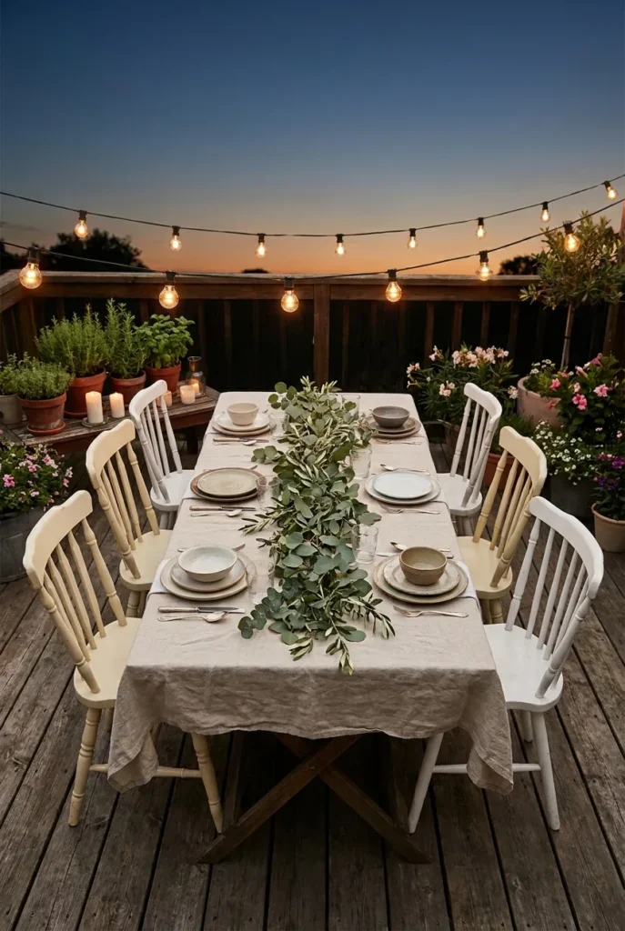 DIY backyard patio dining setup with linen tablecloth and Edison string lights