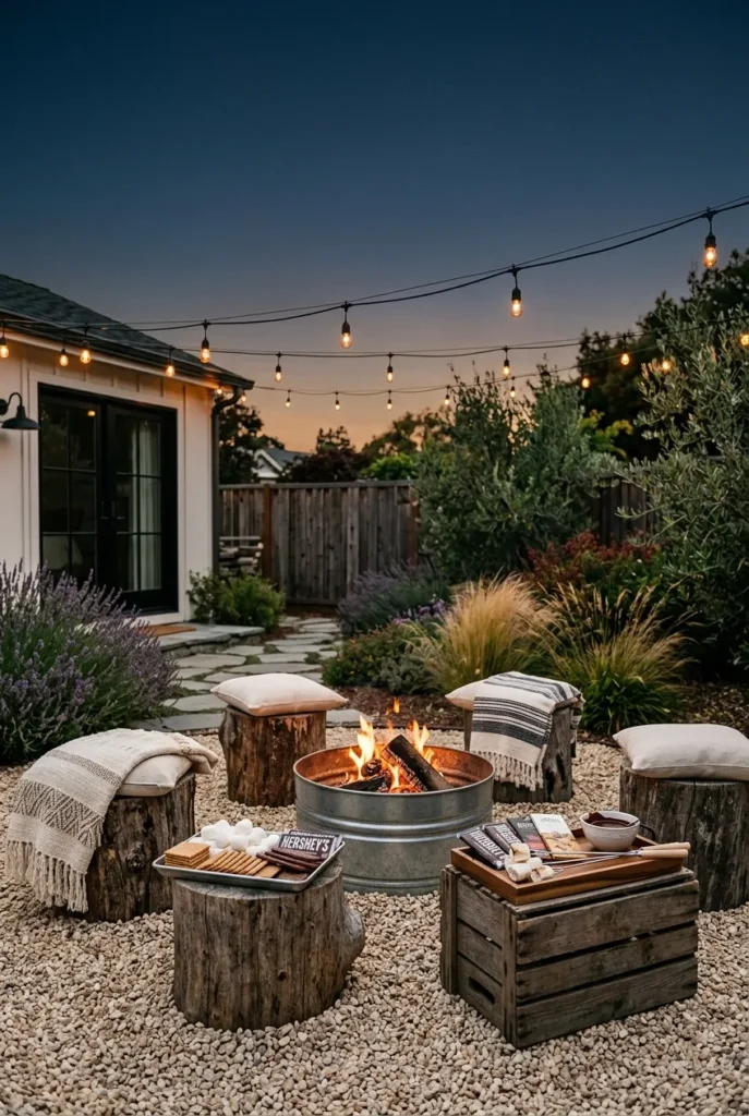 DIY budget backyard patio with fire pit, log seats, and string lights at dusk