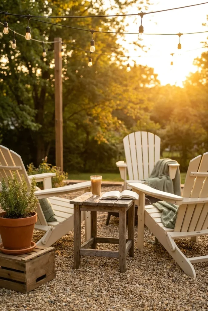 DIY pea gravel patio with Adirondack chairs and rosemary planter on a budget