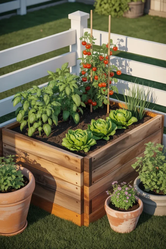 DIY raised cedar garden bed with vegetables for small backyard corner