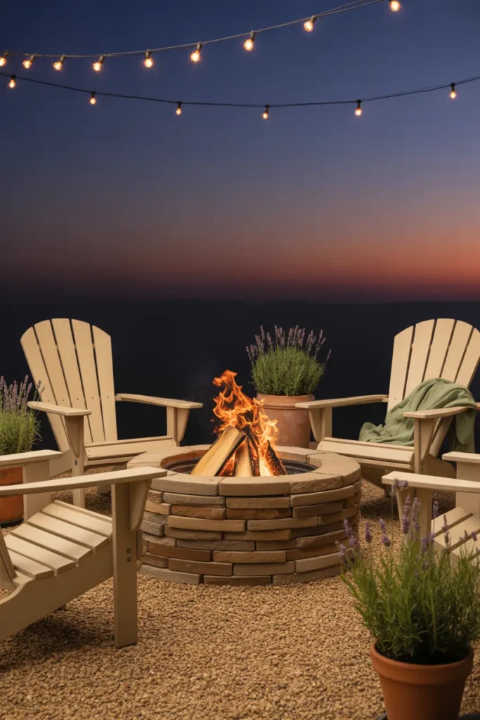DIY stone fire pit with cream Adirondack chairs and string lights in a budget backyard transformation.