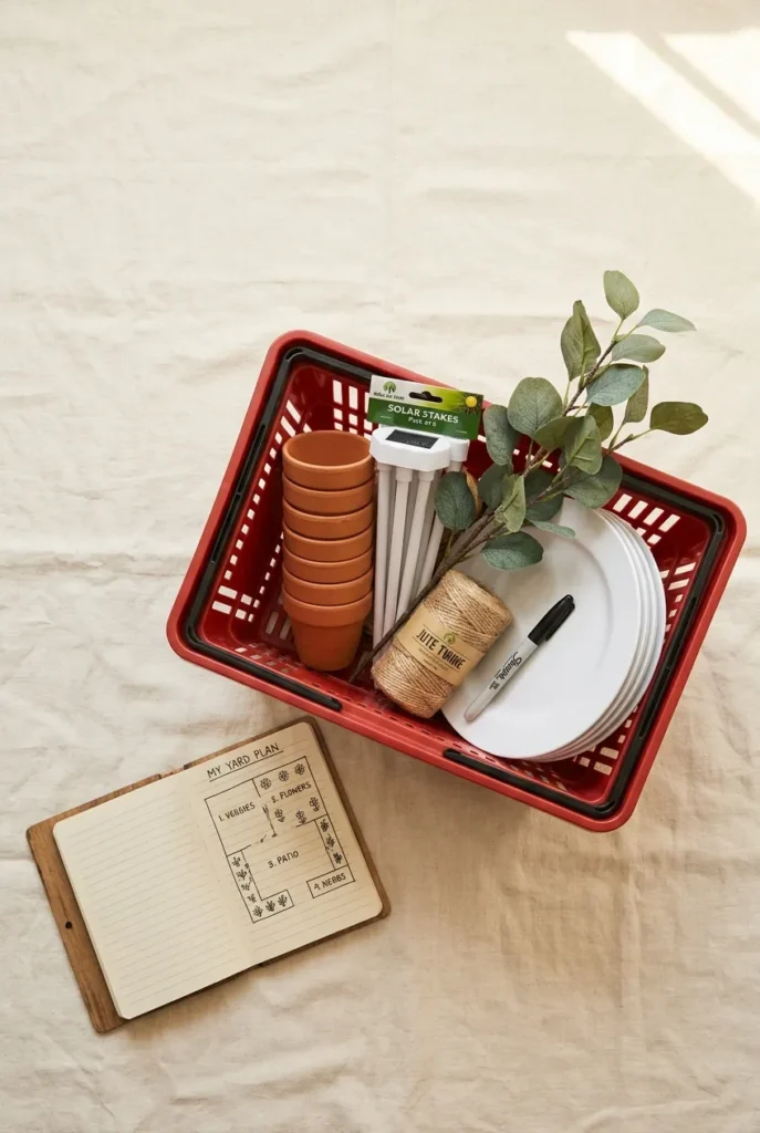 Dollar Tree backyard decor shopping flat lay with terracotta pots, solar stakes, and a 4-zone yard sketch.