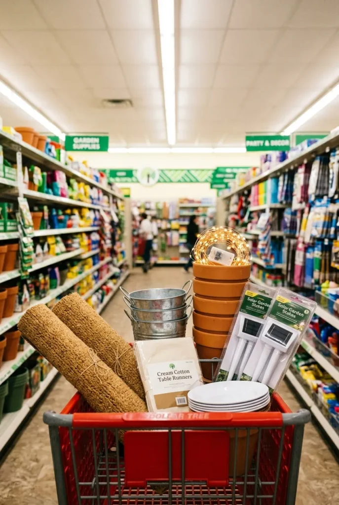 Dollar Tree shopping cart loaded with terracotta pots, solar stakes, string lights, and backyard decor.
