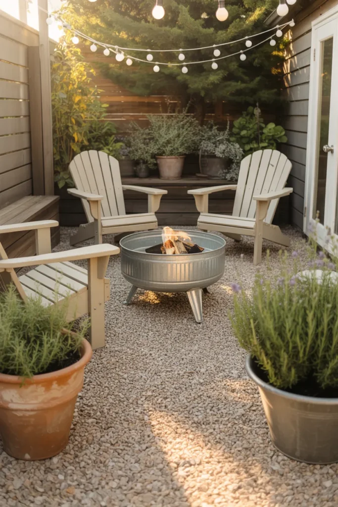 Easy DIY pea gravel patio idea for a budget backyard makeover with fire pit and string lights