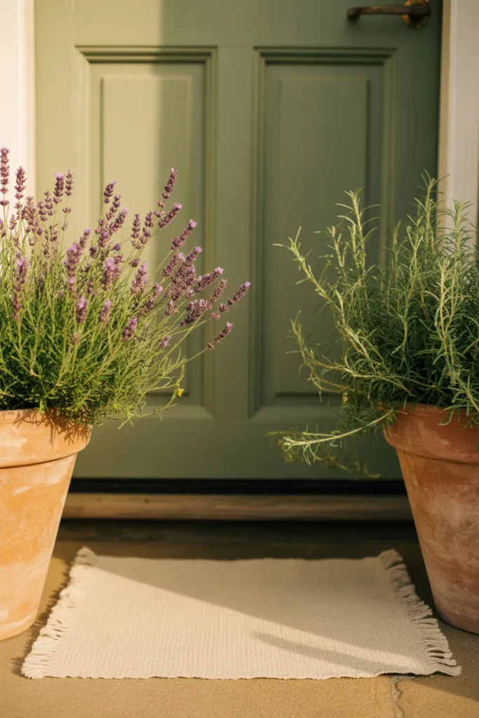 Easy backyard makeover idea with thrifted terracotta pots and lavender at the back door
