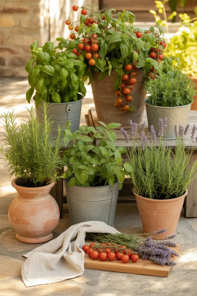 Easy container garden idea for backyard makeover on a budget with tomatoes and herbs