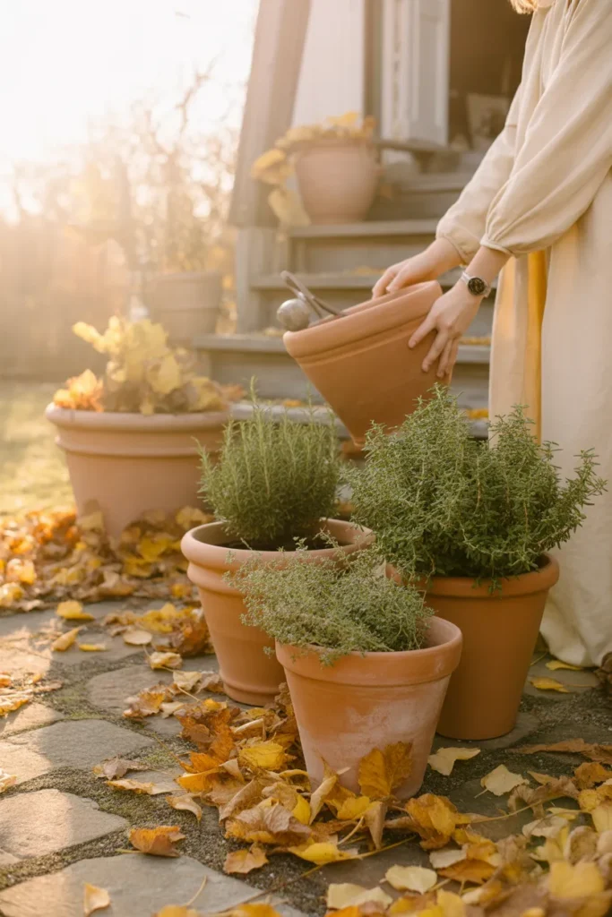 Fall container gardening herbs on patio with rosemary and thyme in terracotta pots