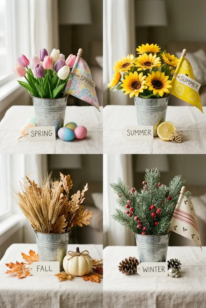 Four seasonal Dollar Tree backyard decor vignettes with tulips, sunflowers, wheat, and pine stems.
