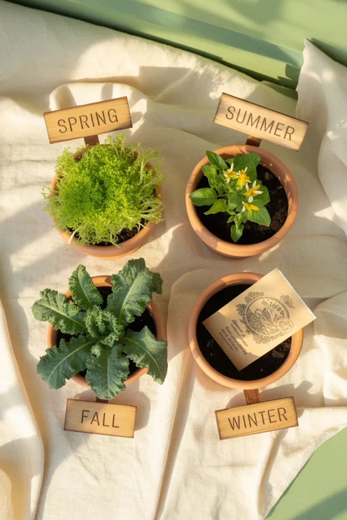 Four seasonal container vegetable pots arranged for a year-round growing plan.