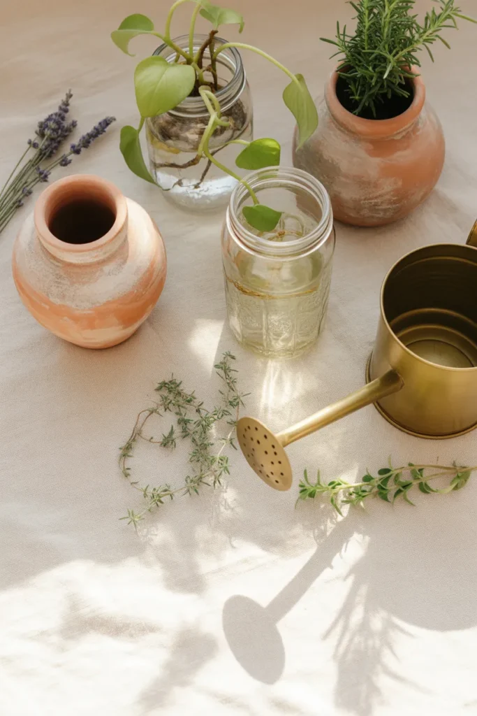 Free backyard ideas using plant cuttings rooting in water, terracotta pots, and rosemary on a linen flat lay.