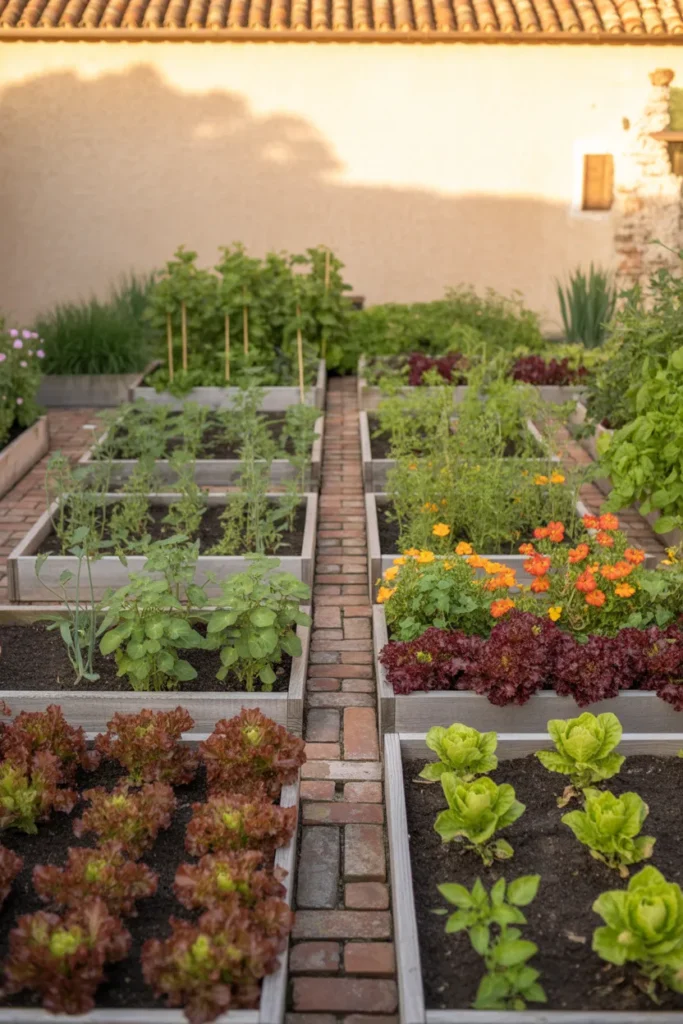 French potager kitchen garden with lettuce edging and tomatoes for garden design ideas