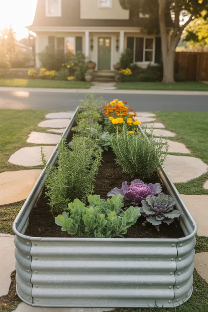 Front yard galvanized metal raised garden bed with herbs and ornamental kale beside a stone walkway