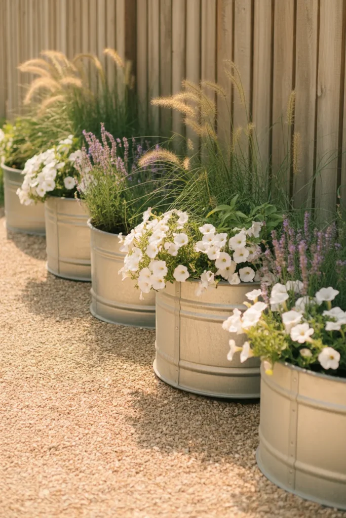 Galvanized stock tank planters with lavender and petunias along a cedar fence, budget backyard landscaping idea.