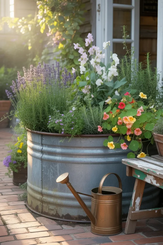 Galvanized stock tank raised garden bed overflowing with cottage herbs and flowers