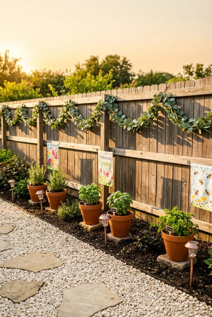 Garden edge styled with terracotta herb pots, faux eucalyptus garland, garden flags, and solar stakes.