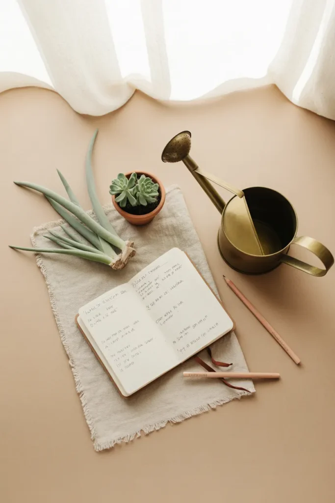 Garden planning flat lay with notebook, sage cuttings, and terracotta pot for garden design ideas