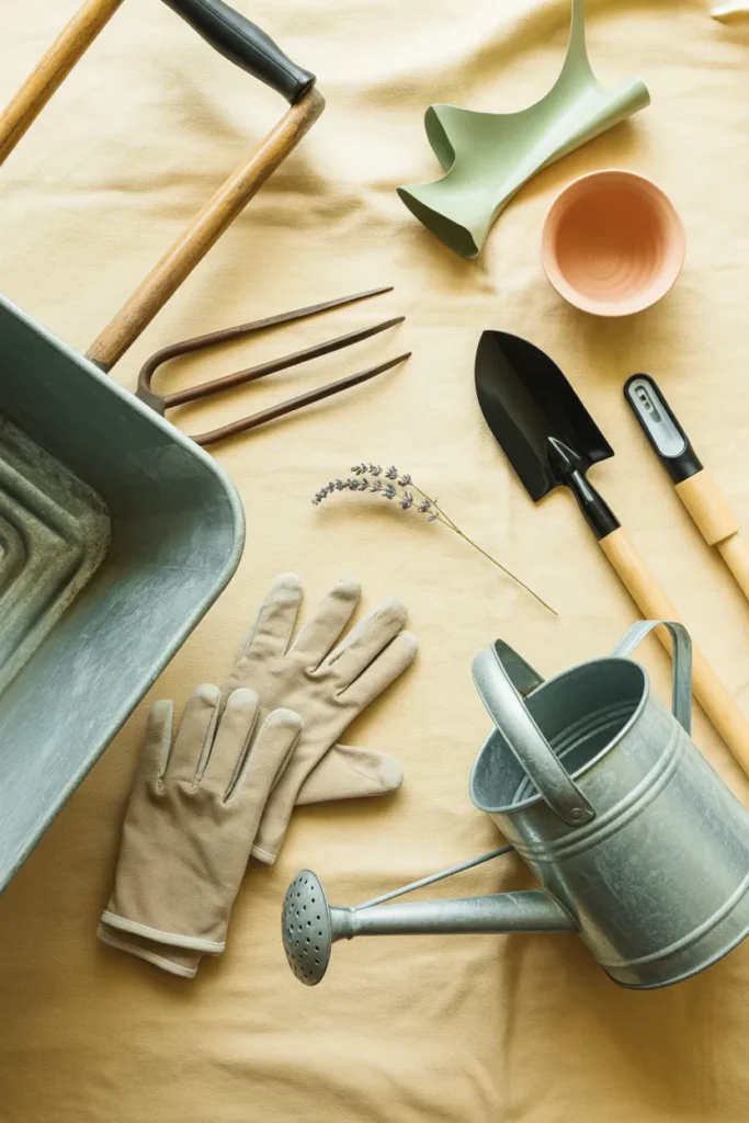 Gardening tools for filling a raised bed including pitchfork, wheelbarrow, and trowel