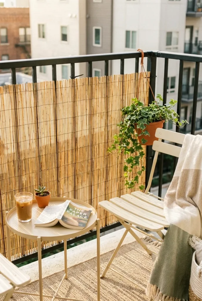 Renter-friendly reed privacy panel zip-tied to a small apartment balcony railing with bistro chair.
