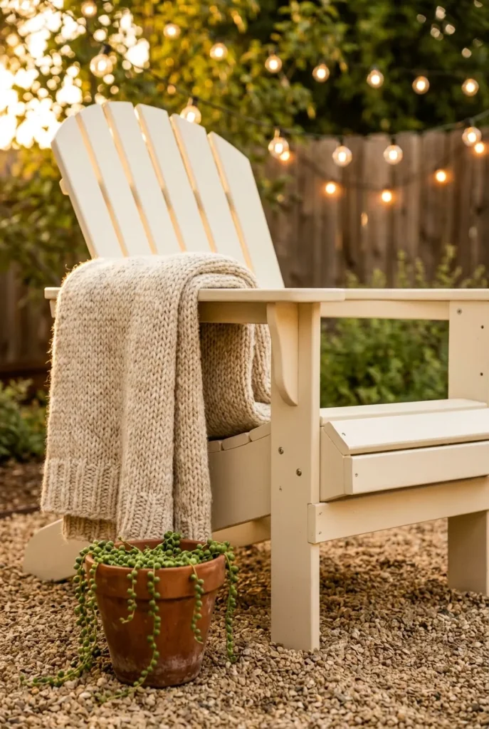 Cream Adirondack chair with cozy throw blanket and terra cotta planter on pea gravel patio.