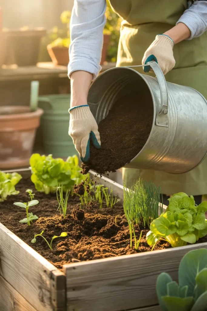 Hands adding fresh compost to top off a raised garden bed with seedlings