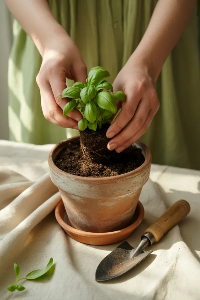 Hands planting basil in a terracotta pot with potting mix on a cream linen surface