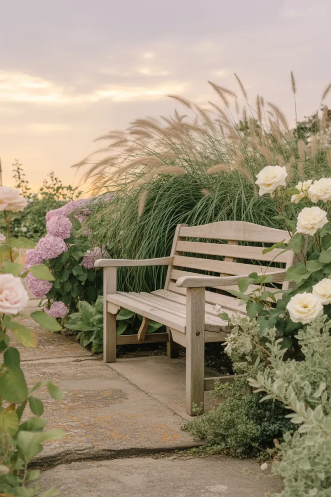 Hidden wood garden bench surrounded by hydrangeas and grasses for cottage garden inspiration