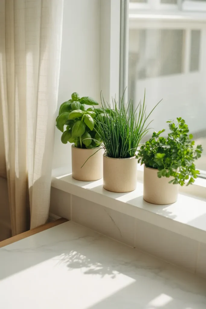 Indoor herb garden with basil chives and parsley on white kitchen windowsill