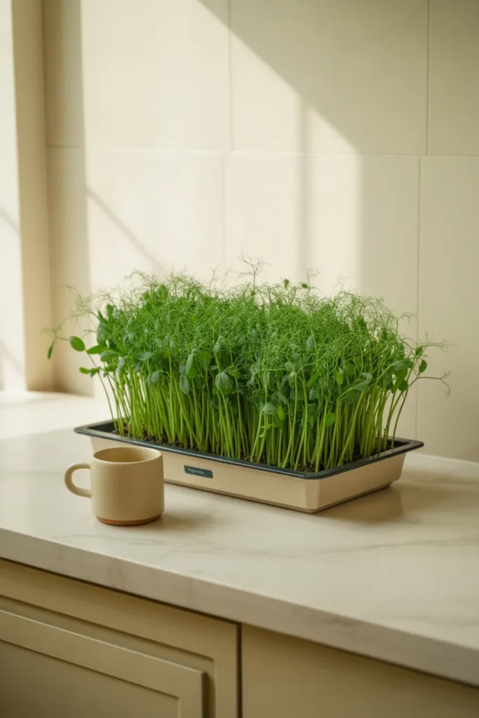 Indoor microgreen tray with fresh pea shoots on cream marble counter, small space container garden idea for apartments.