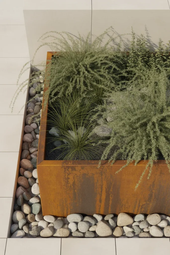 Japandi style cor-ten steel raised garden bed surrounded by river rocks